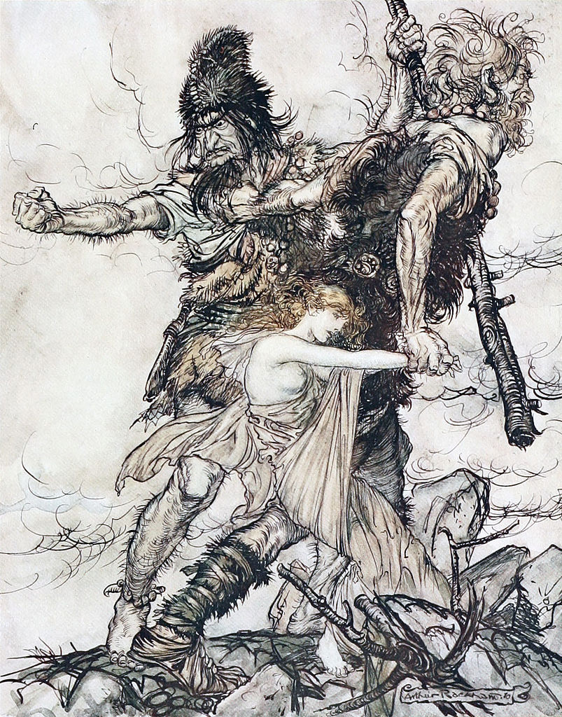 Fasolt suddenly seizes Freia and drags her to one side with Fafner. ; Rackham, Arthur (illus) (1910)