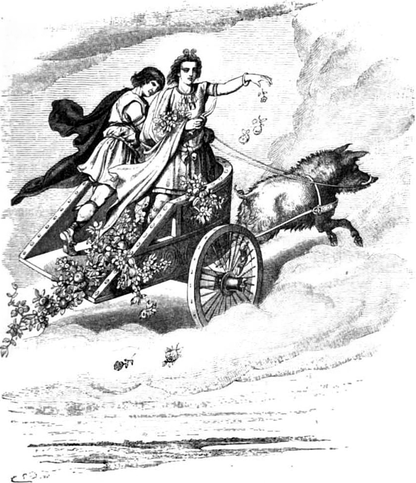 Freyr and Skírnir in a boar-drawn wagon, spreading fertility.