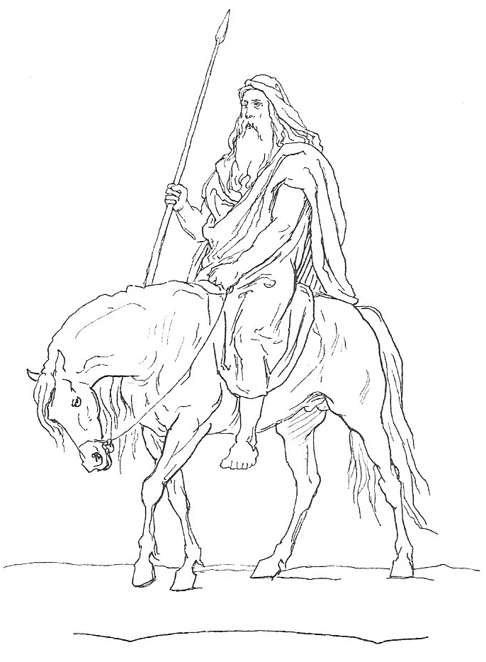  Odin rides atop the horse Sleipnir (here depicted with four legs rather than his characteristic eight), holding his spear Gungnir