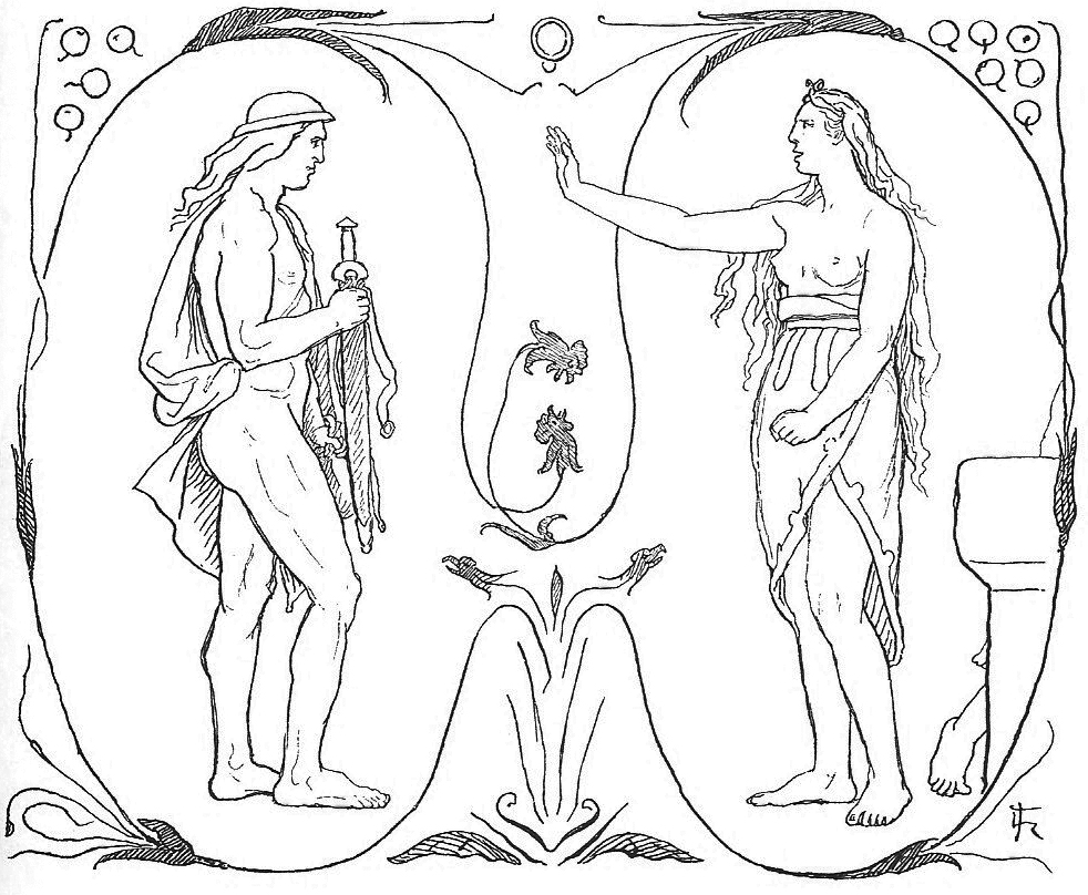 Gerðr refuses Skírnir's offer of eleven golden apples and the ring gift as illustrated (1895) by Lorenz Frølich.