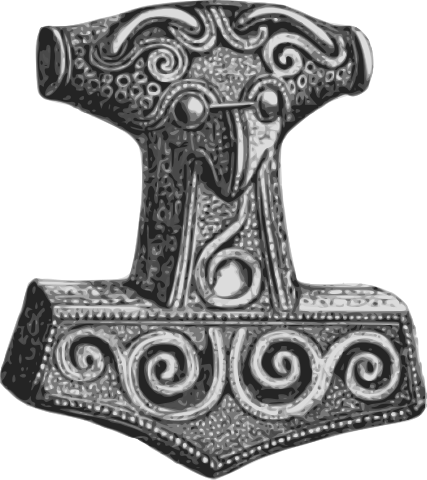 An amulet, "silver strongly gilt", representing the hammer of Thor. Found in 1877 in Skåne, Sweden.