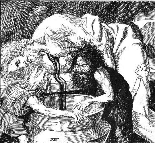 Fjalar and Galar draining Kvasir's blood.