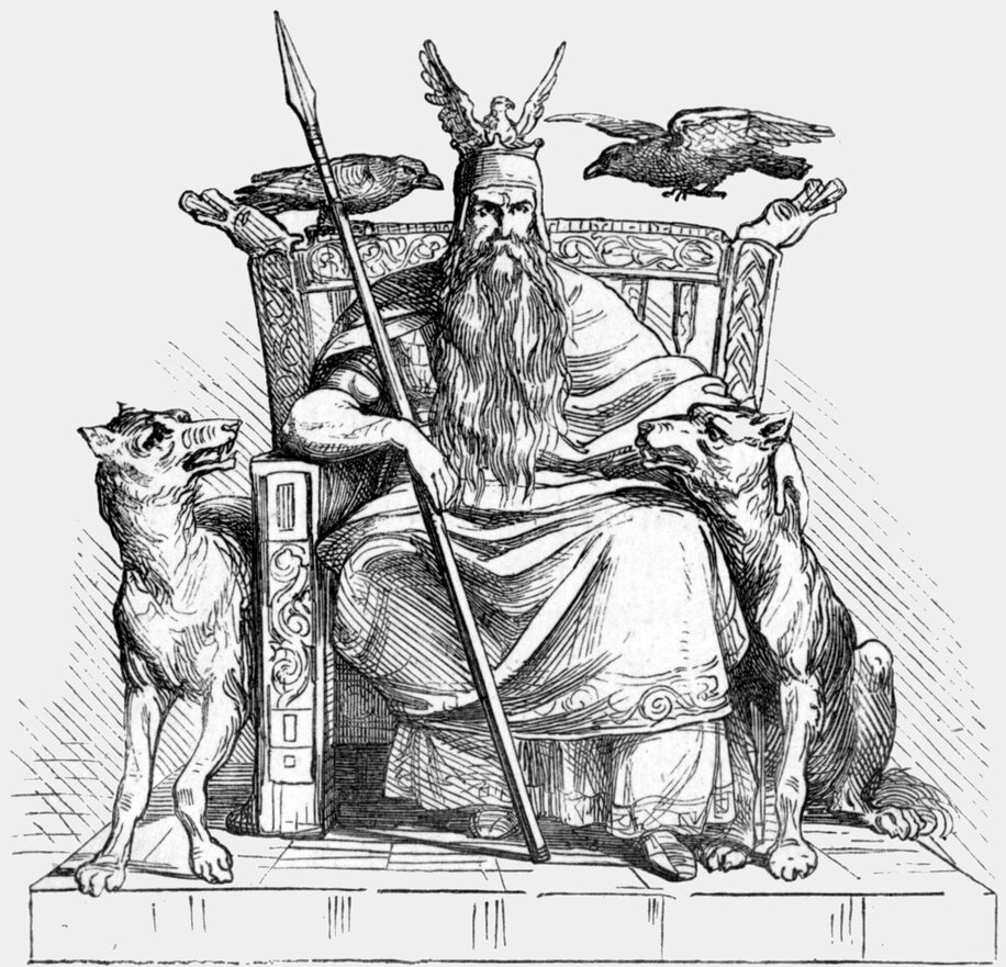 The Norse god Odin enthroned, flanked by his two wolfs, Geri and Freki, and his two ravens, Huginn and Muninn, and holding his spear Gungnir.