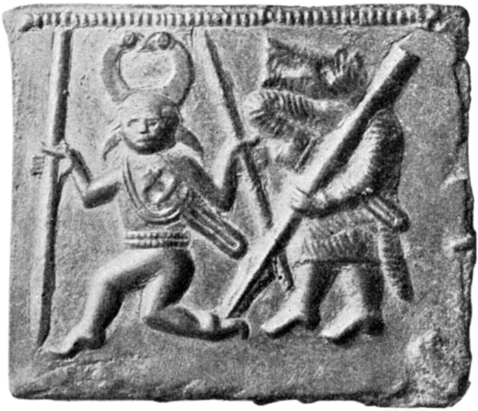 One of the Vendel era Torslunda plates found on Öland, Sweden. It probably depicts one-eyed Odin guiding a Berserker.[1]