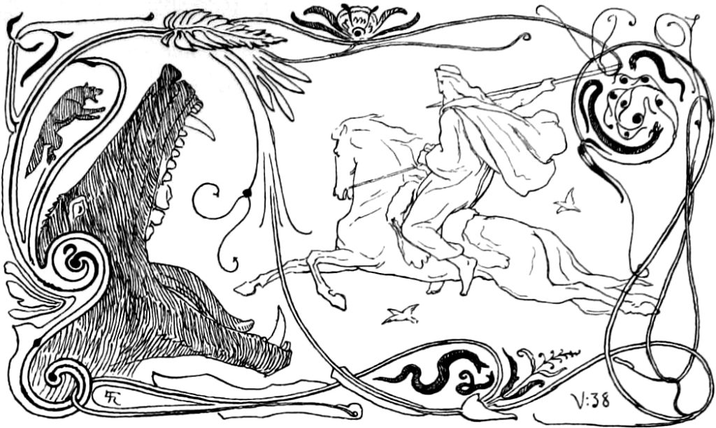 Odin rides forth to battle against Fenrir during Ragnarök.