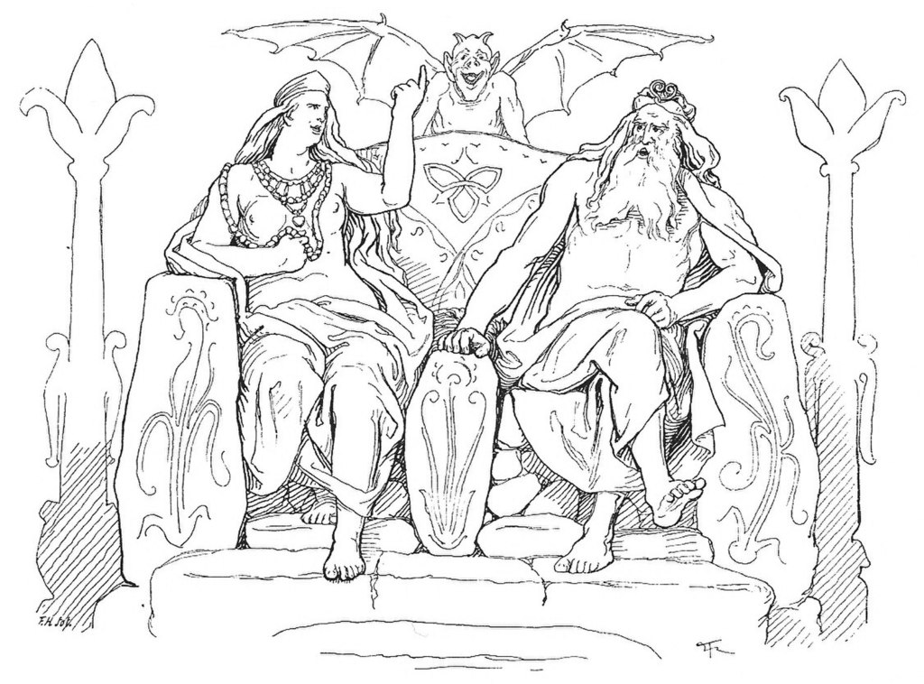 Frigg and Odin sit in Hliðskjálf
