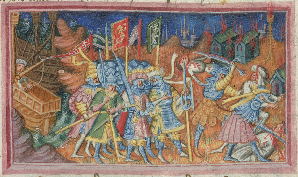 A fifteenth-century depiction of Ívarr and Ubba ravaging the countryside as it appears on folio 48r of British Library Harley 2278.