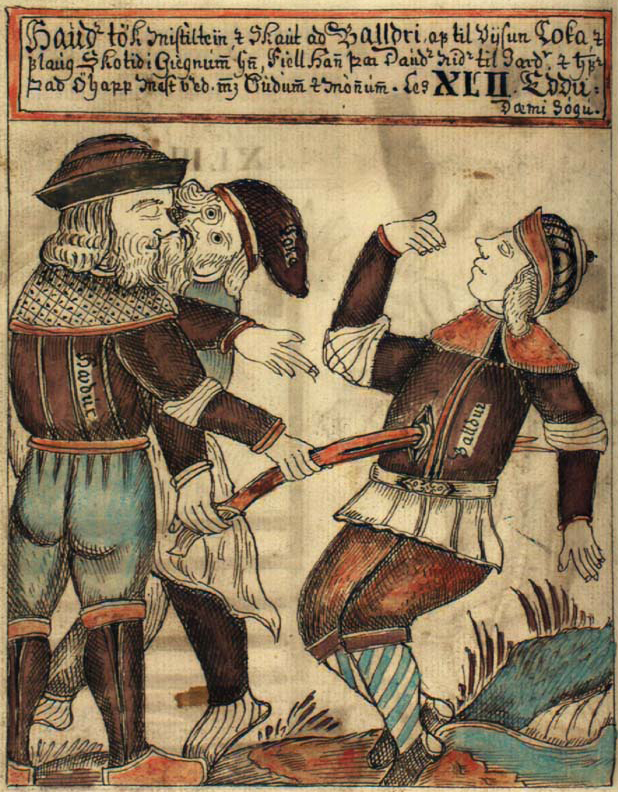  An illustration of the blind Höðr killing Baldr, from an Icelandic 18th century manuscript.