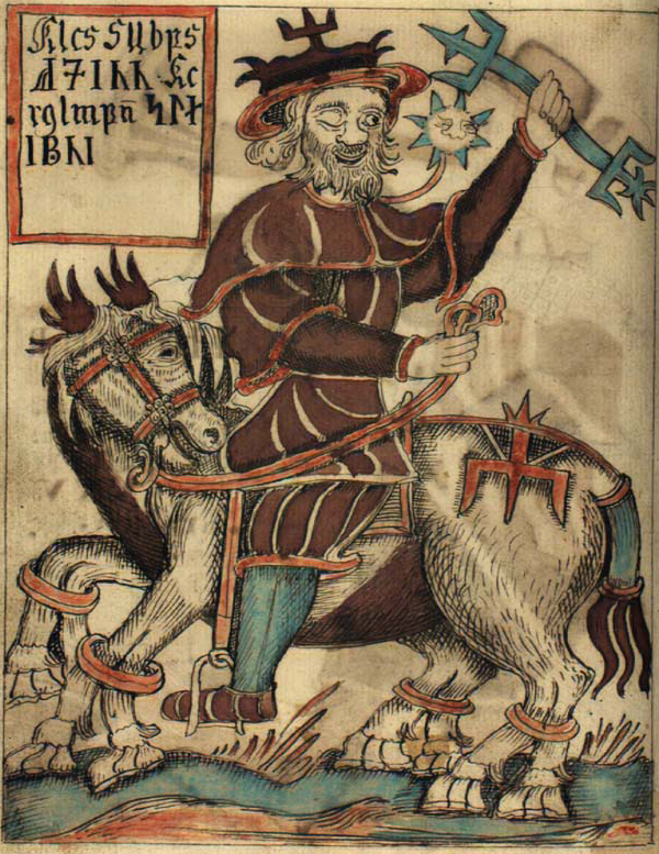 An illustration of the god Odin on his eight-legged horse Sleipnir, from an Icelandic 18th century manuscript.