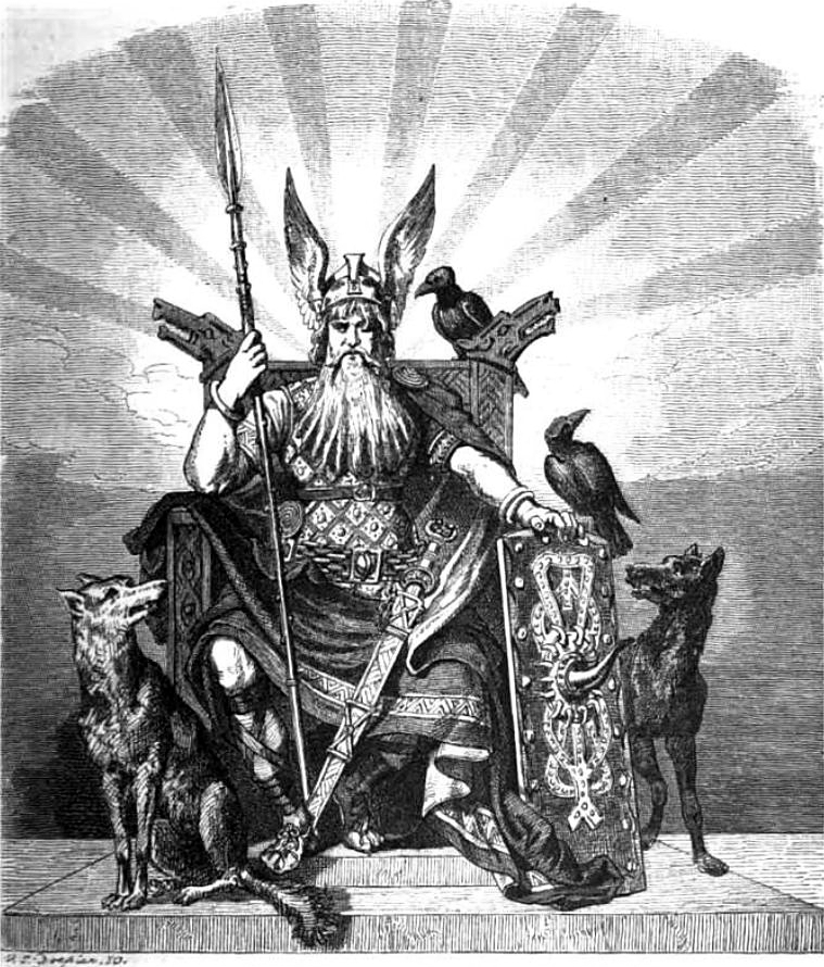 Odin enthroned with weapons, wolves and ravens.