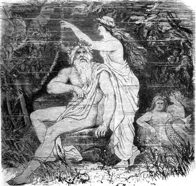 Ægir sits and rests his arm on a stone, while his wife Rán pulls on rope connected to an anchor. Mermaids lounge in the background.