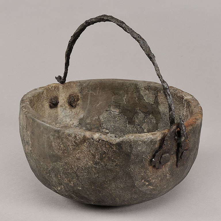 Pot of soapstone, partly reconstructed, Viking Age (From Birka, Sweden)