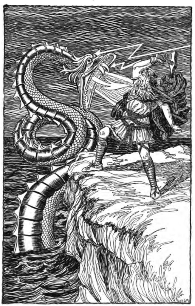 Thor fighting the Serpent Jormungandr