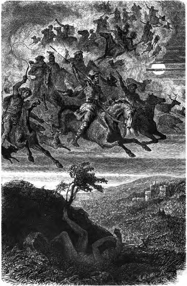 Captioned as "Wodan's wilde Jagd". Wodan leads an immense host of people and animals through the night sky; his wild hunt. A female figure struggles on the ground below.