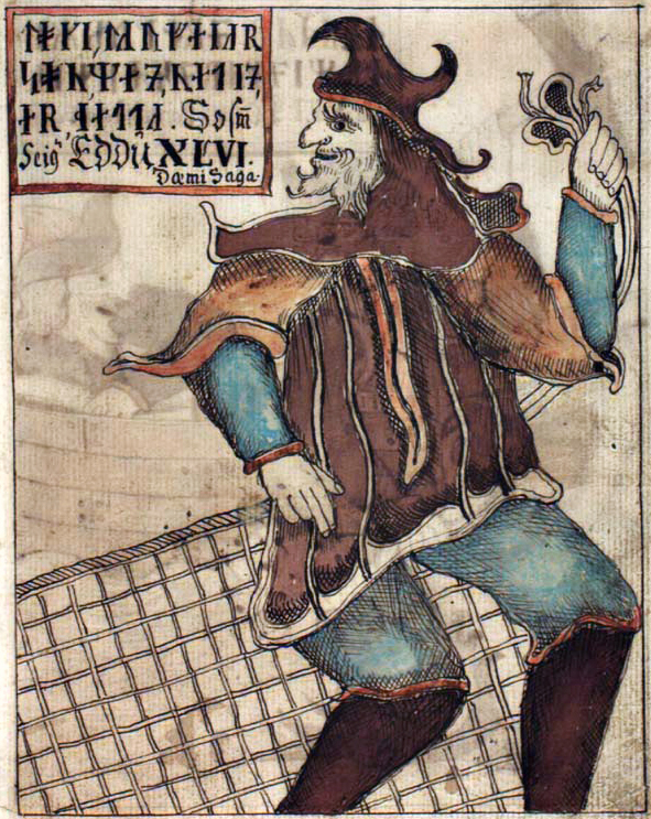 An illustration of Loki with a fishnet, from an Icelandic 18th century manuscript.
