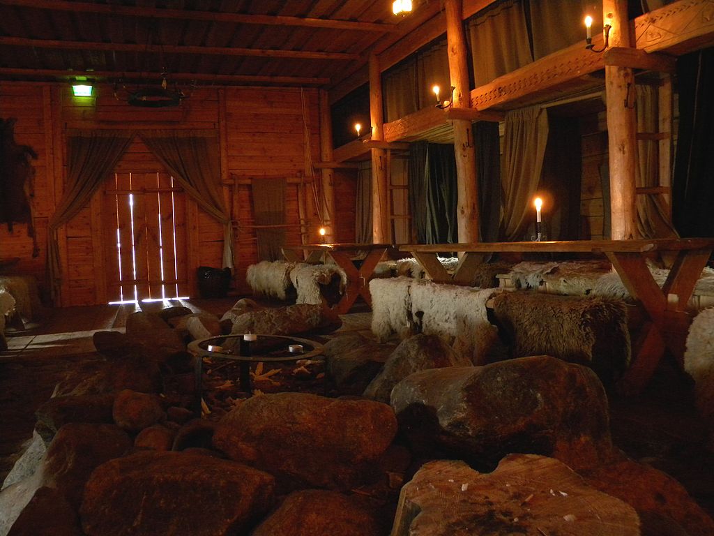  Inside the Viking Chieftain Hall Rodeborg. The house is located in the Rosala Viking Center in Finland. 