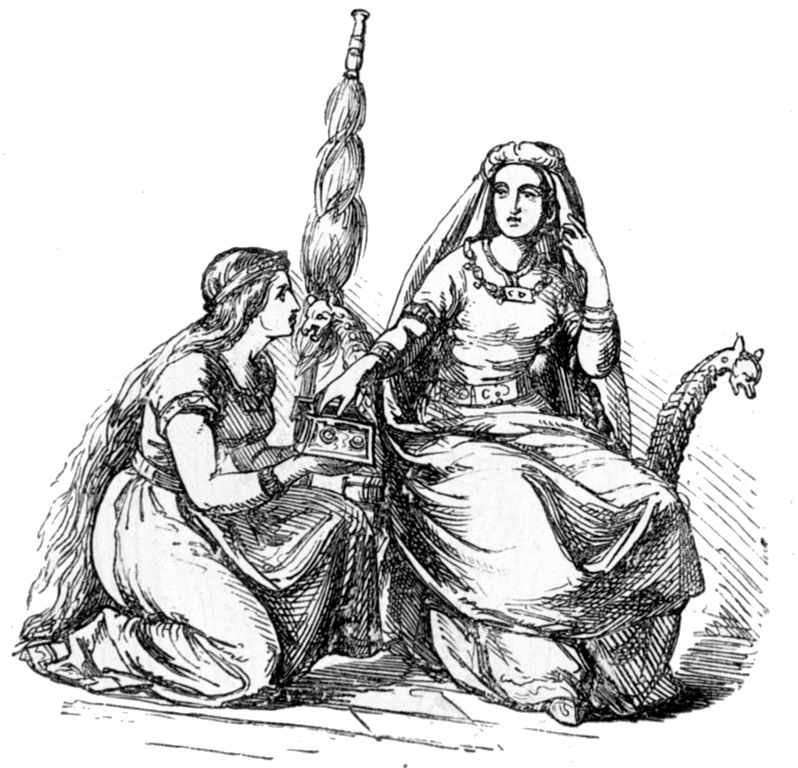 A depiction of Fulla kneeling beside her mistress, Frigg, (1865) by Ludwig Pietsch.