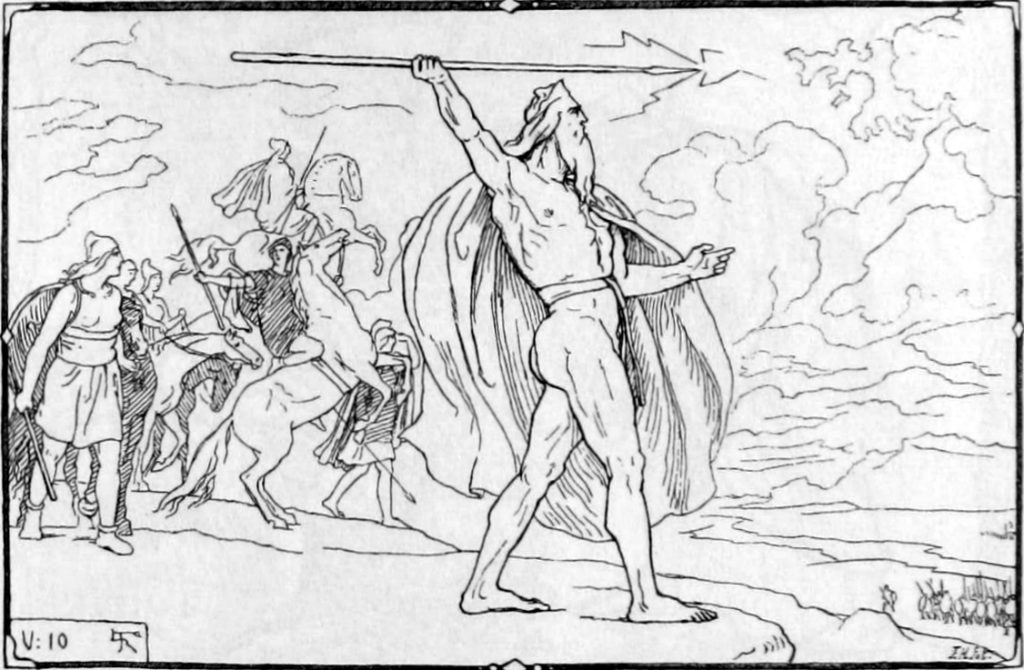 Óðinn throws his spear at the Vanir host in an illustration by Lorenz Frølich (1895)