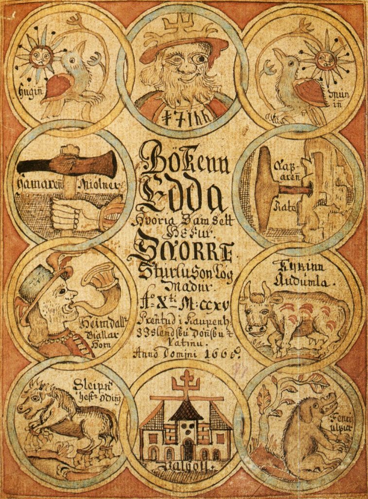 Title page of a manuscript of the Prose Edda, showing Odin, Heimdallr, Sleipnir and other figures from Norse mythology