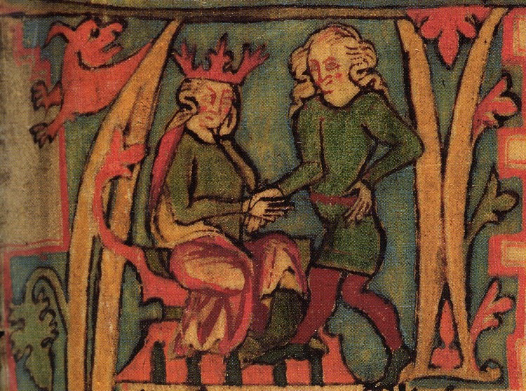 King Haraldr hárfagri receives the kingdom out of his father's hands.  From the 14th century Icelandic manuscript Flateyjarbók