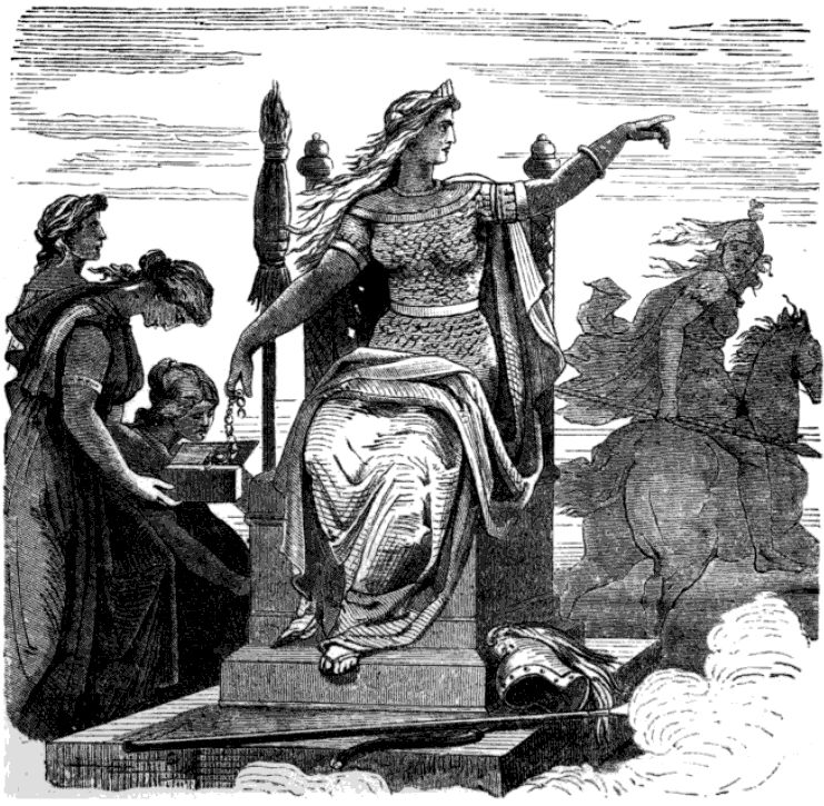 Frigg sends Gná, riding on Hófvarpnir, on an errand in Frigg and her Maidens (1902).