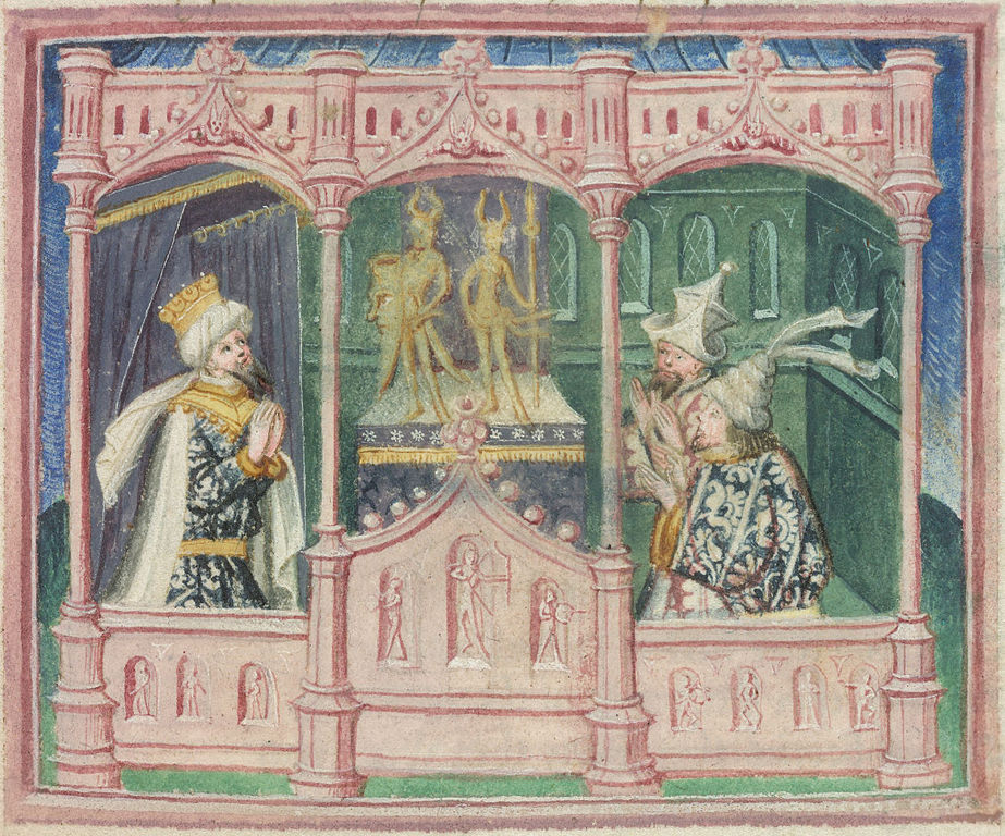  Excerpt from folio 39r of Harley MS 2278. The scene depicts Lothbrok, king of Danes, and his sons, Hinguar and Hubba, worshiping idols.