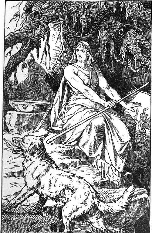 Hel (1889) by Johannes Gehrts, pictured here with her hound Garmr.