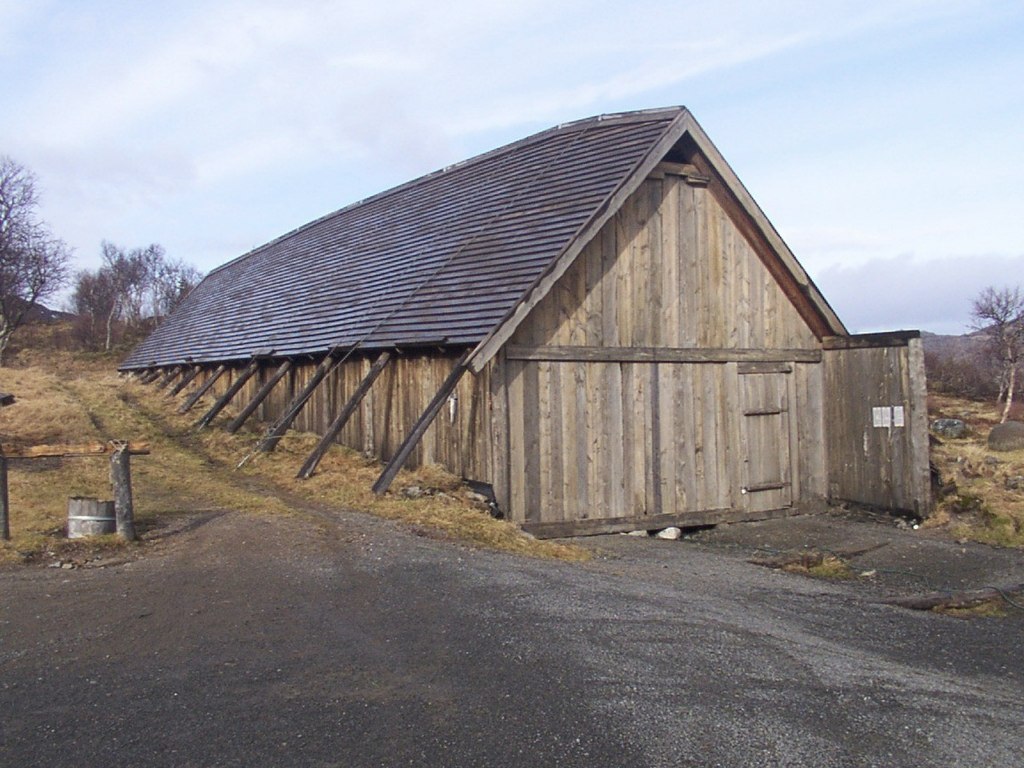  The 30 m. long Viking boathouse. Reconstruction based on archaeological excavations from Norway. Used in winter for housing the "Lofotr" viking ship.