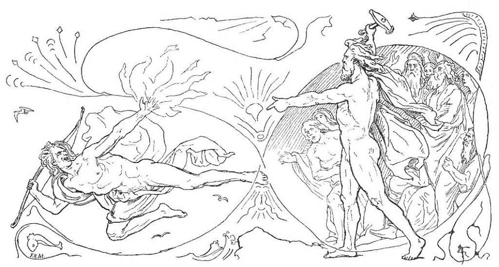 Thor raises his hammer as Loki leaves Ægir's hall, by Frølich (1895)