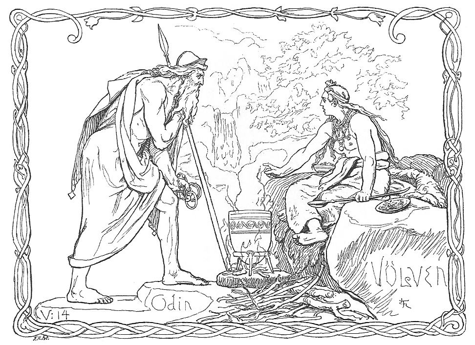 Odin holds bracelets and leans on his spear while looking towards the völva in Völuspá. Gesturing, the völva holds a spoon and sits beside a steaming kettle. The text "V:14" in the bottom left corner refers to Völuspá stanza 14.