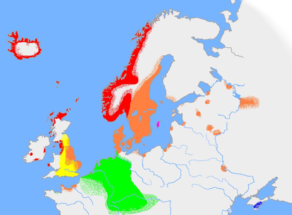 The approximate extent of Old Norse and other Germanic languages in the early 10th century. 