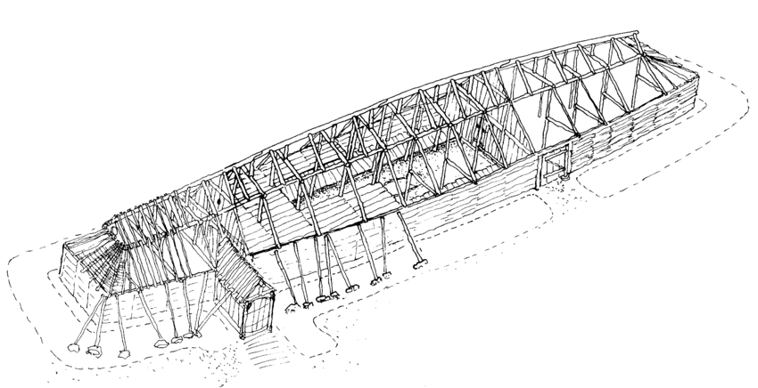 Structural view of the Hrísbrú longhouse detailing the building's internal wooden frame