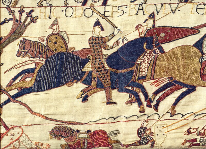 A scene from the Bayeux Tapestry depicting Bishop Odo rallying Duke William's troops during the Battle of Hastings in 1066